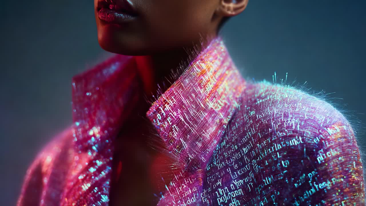 A stunning close-up portrait highlighting a model's fashion statement with an iridescent, text-patterned jacket, showcasing a blend of style and modern aesthetics against a vivid backdrop