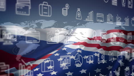 iconos de negocios y finanzas animación sobre la bandera estadounidense y el mapa del mundo