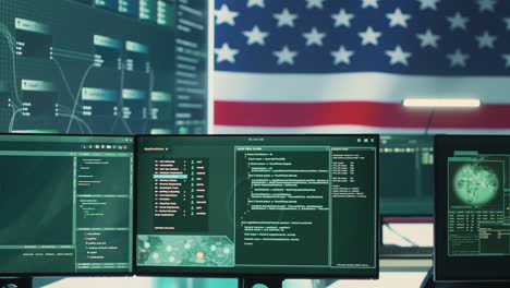 High-tech-cybersecurity-room-with-American-flag-shown-on-big-screen