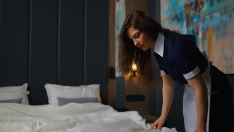 maid making a bed in a hotel room