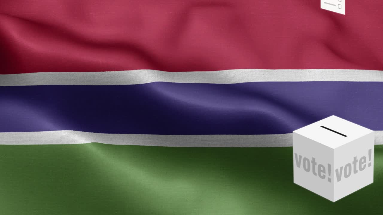 Ballots fly to box for Gambiya selection - Ballot box in front of flag - Election - Vote - Flag Of Gambiya - Gambiya Flag High Detail - National flag Gambiya wave Pattern loopable Elements - Fabric texture and endless loop