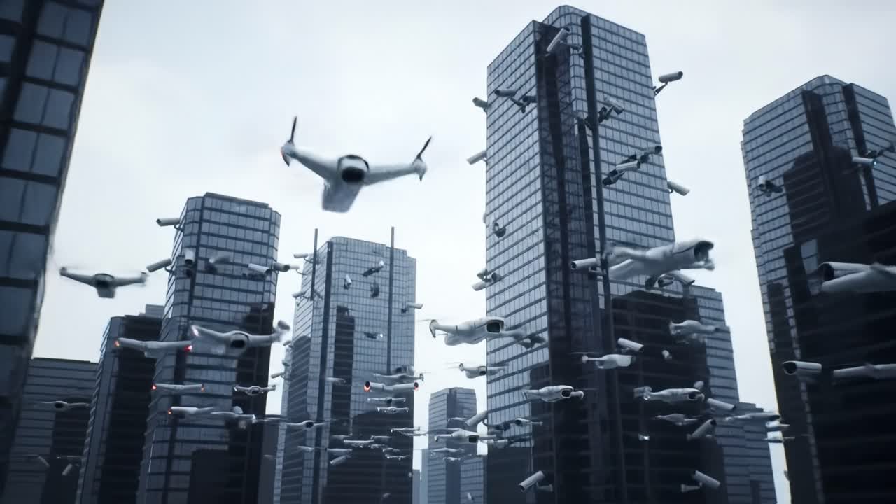 Drones fill the skies above a bustling city, demonstrating innovative technology amidst towering skyscrapers. The vibrant urban environment highlights advancements in aerial capabilities.