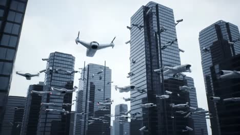 drones fill the skies above a bustling city, demonstrating innovative technology amidst towering skyscrapers. the vibrant urban environment highlights advancements in aerial capabilities.