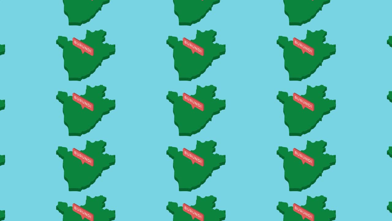 푸른 배경에 오렌지색 포인터를 가진 아프리카 국가 부룬디의 초록색 이소메트릭 지도. 가짜 3d 지리적 지도 개념의 원활한 루프 수평 움직임