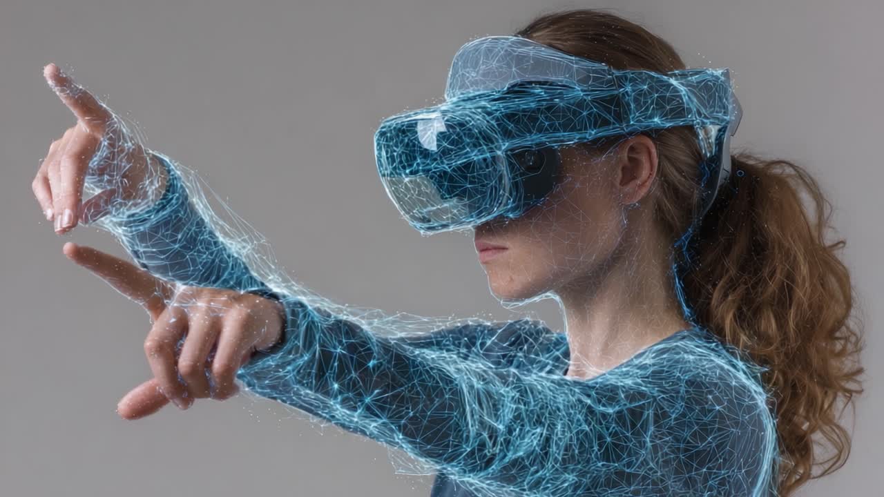 A woman immersed in a virtual reality experience, exploring digital realms with outstretched arms and an array of illuminated holographic lines emanating from her hands
