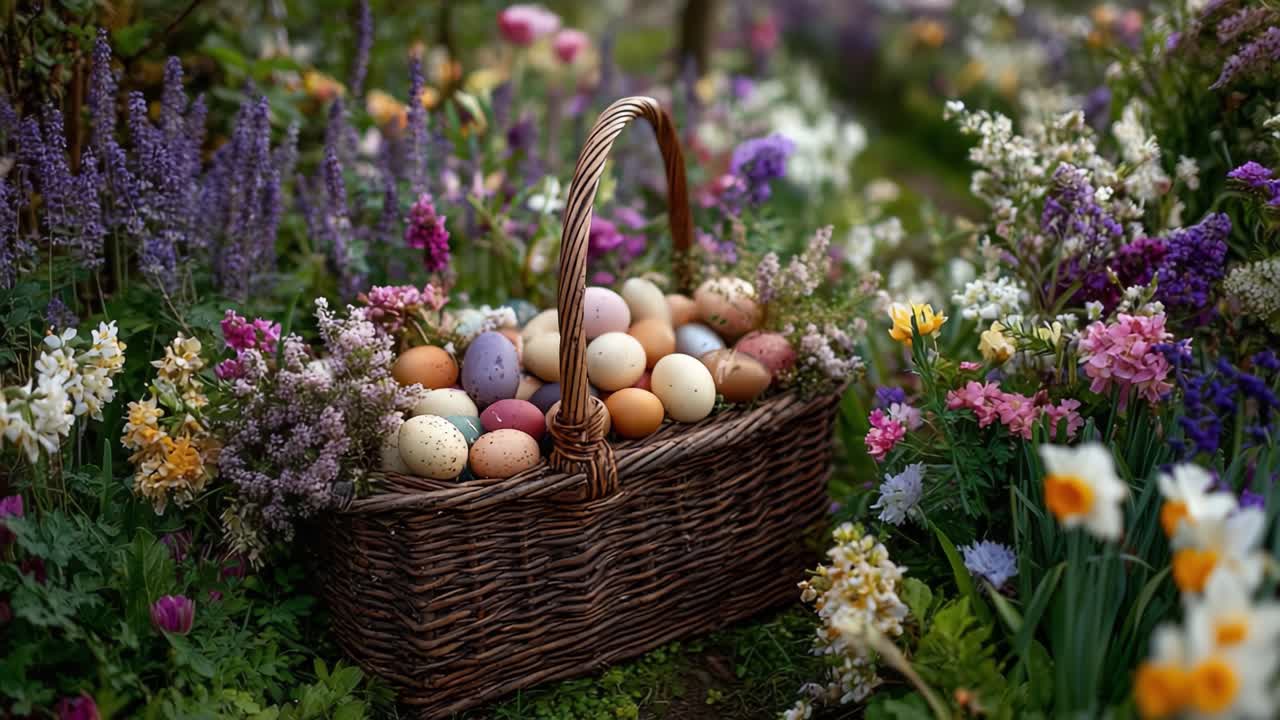 A Beautiful Basket of Colorful Eggs Surrounded by Vibrant Spring Flowers in a Lush Garden Setting, Capturing the Essence of Seasonal Renewal and Celebration