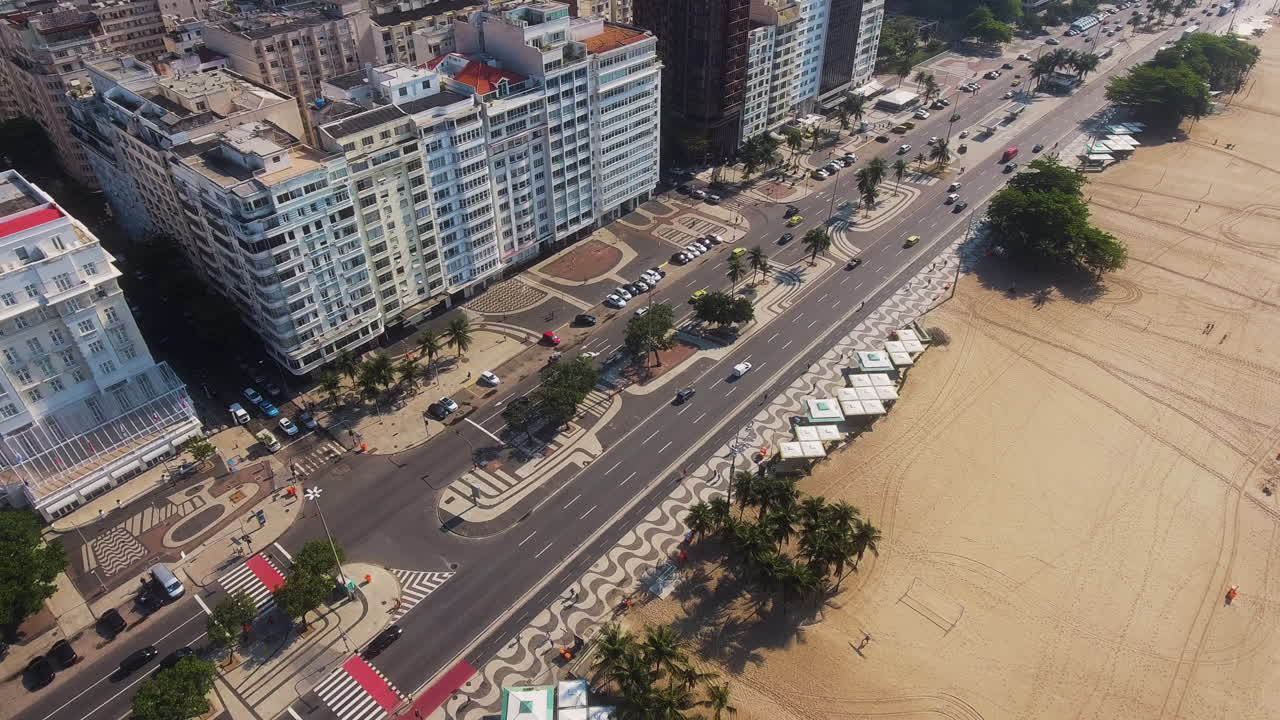 Rio de Janeiro, Brasile, Copacabana, Spiaggia di Copacabana, Avenida Atlantica, lungomare, strada costiera, traffico, auto, veicoli, viale, boulevard, passeggiata, pavimentazione a mosaico, motivo a onde, marciapiede, spiaggia