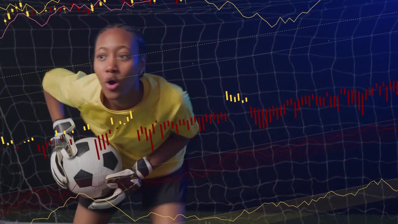 Woman GK tracking shot shuffling saving ball while red-yellow waves playing over GK for soccer prep