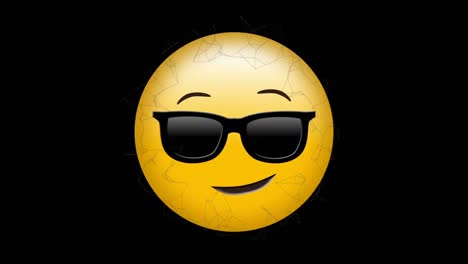 abstract geometric shapes floating against face wearing sunglasses emoji on black background