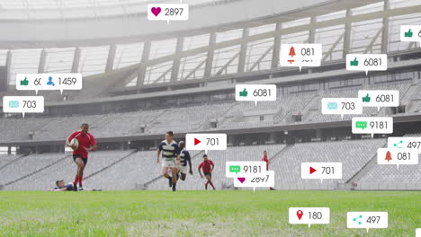 animation of multiple notification bars over diverse rugby player playing practice match