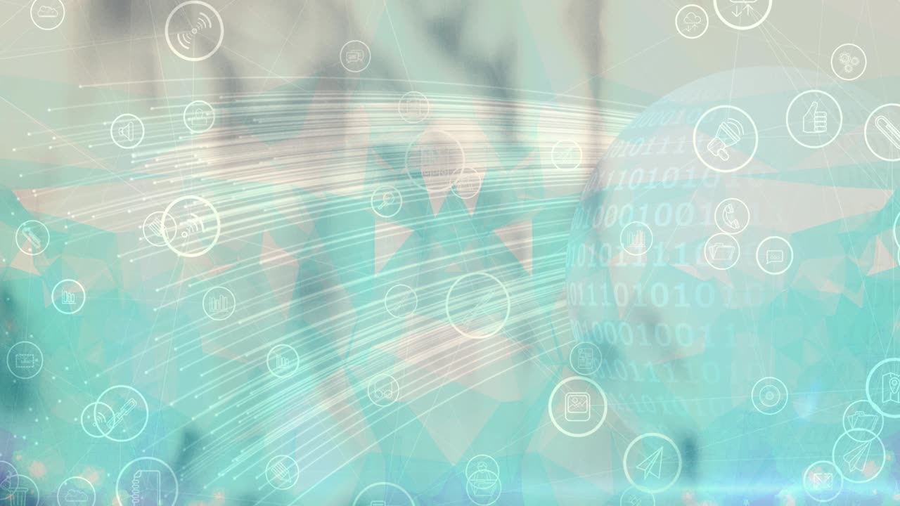 흐릿한 배경 위에 디지털 아이콘이 있는 지구의 애니메이션