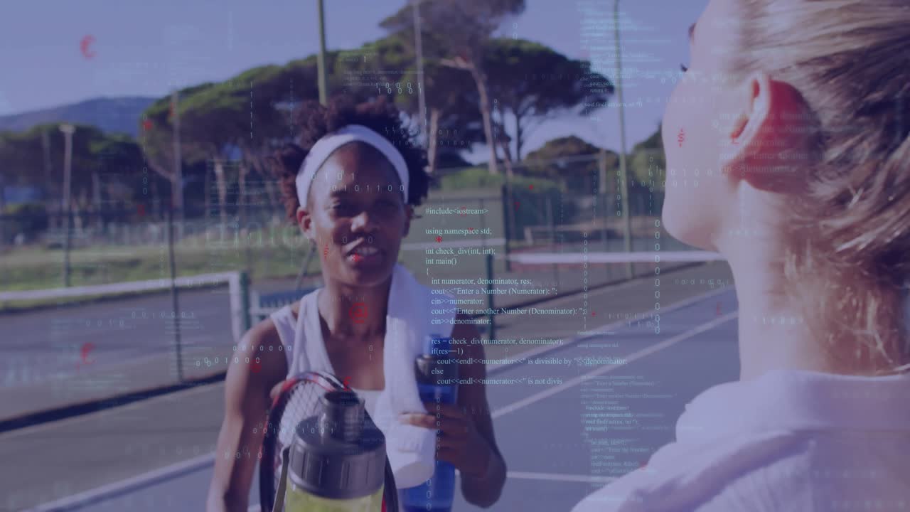 On court, tennis players practicing with data processing animation overlay