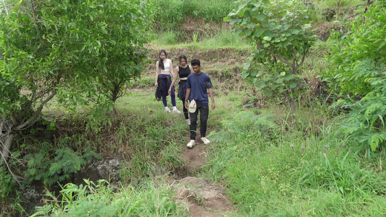 People Hiking in a Lush Tropical Forest