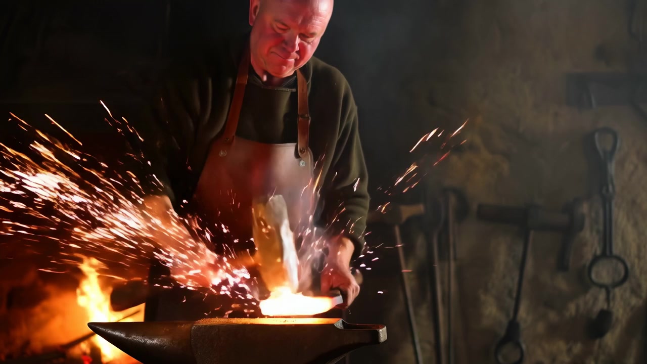 White Blacksmith Hammering Glowing Steel On Anvil Beside Roaring Forge, Sparks Flying, Leather Apron, Focused
