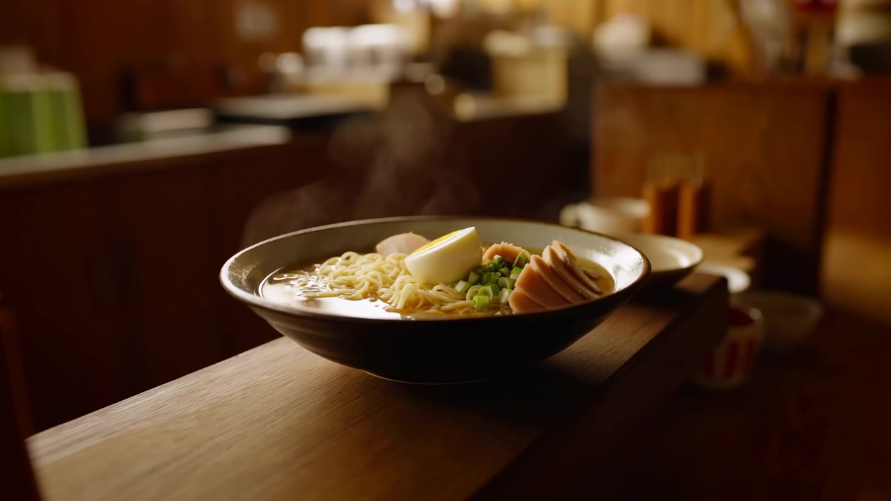 Steaming Ramen Bowl On Wooden Counter, Cozy Izakaya Atmosphere, Sliced Chashu Pork, Softboiled Egg, Scallions,