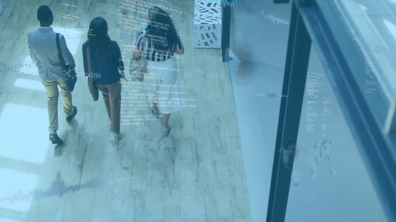 Team entering frame walking office right woman gesturing blue file causing light overlay to meeting