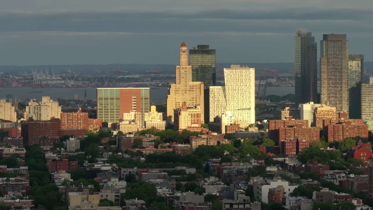 Aerial view of Downtown Brooklyn at sunrise. Shot in New York City
