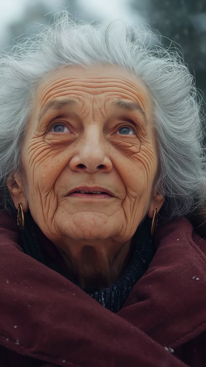 Vertical video: Senior woman in maroon coat tilting head as flakes land in forest, feeling wonder