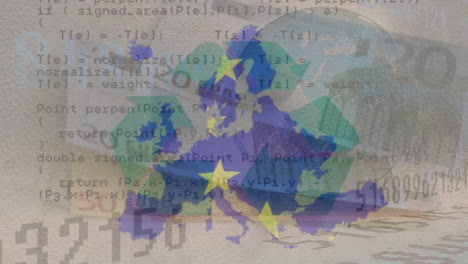 animation of flag of european union and map of europe over euro currency bills