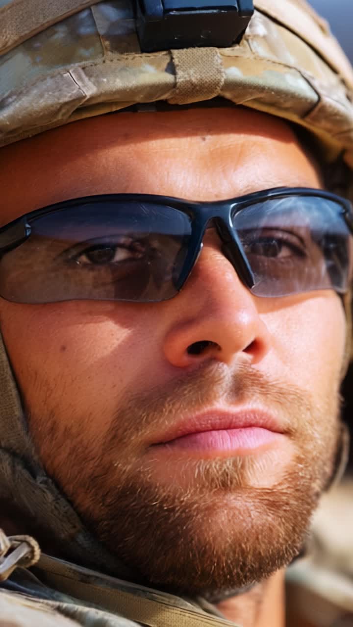 Close-Up Portrait of a Soldier Wearing Sunglasses, Exuding Determination and Focus in Military Gear, Captured in Natural Light with a Blurred Background