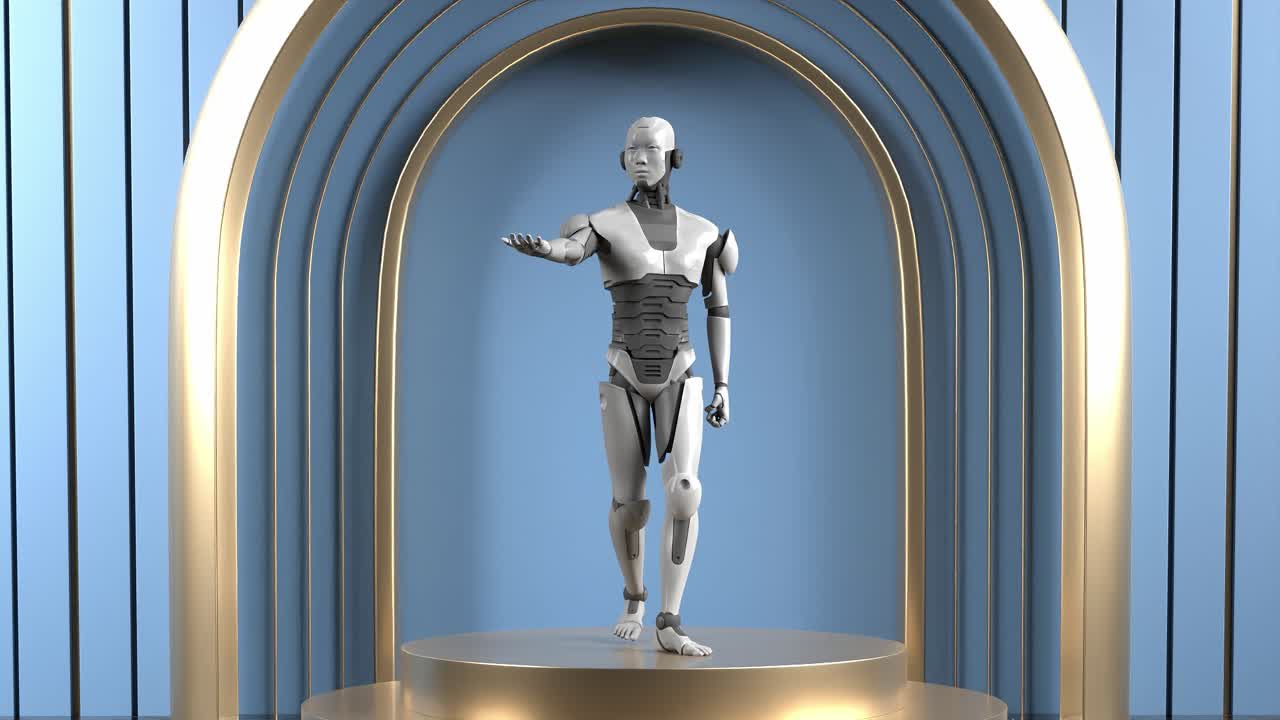 animación de renderización 3d del prototipo de robot humanoide de pie en la exhibición del producto concepto de sociedad futurista fondo azul