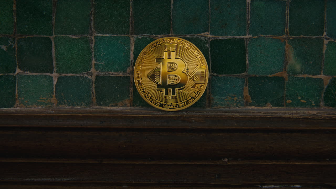 A golden bitcoin stands upright on an aged wooden ledge with worn green tiles in the background as the camera slowly pushes in