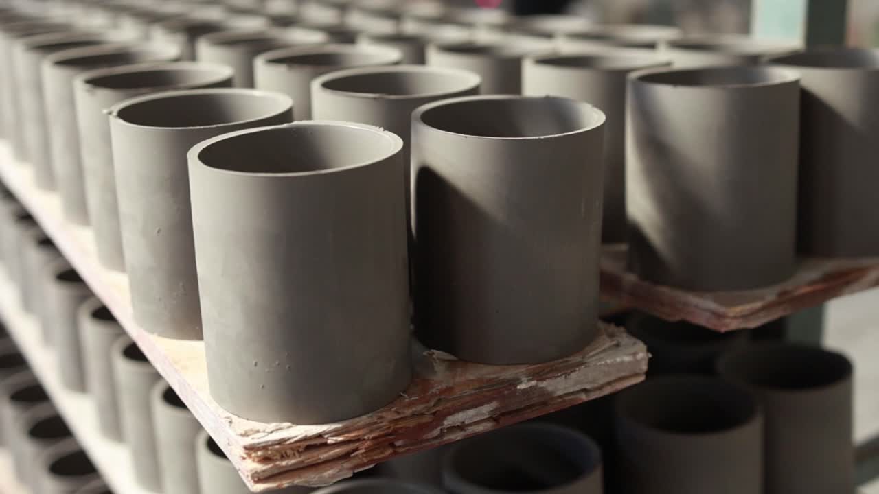 File di cilindri di ceramica identici non cotti appoggiati su rastrelliere di legno.