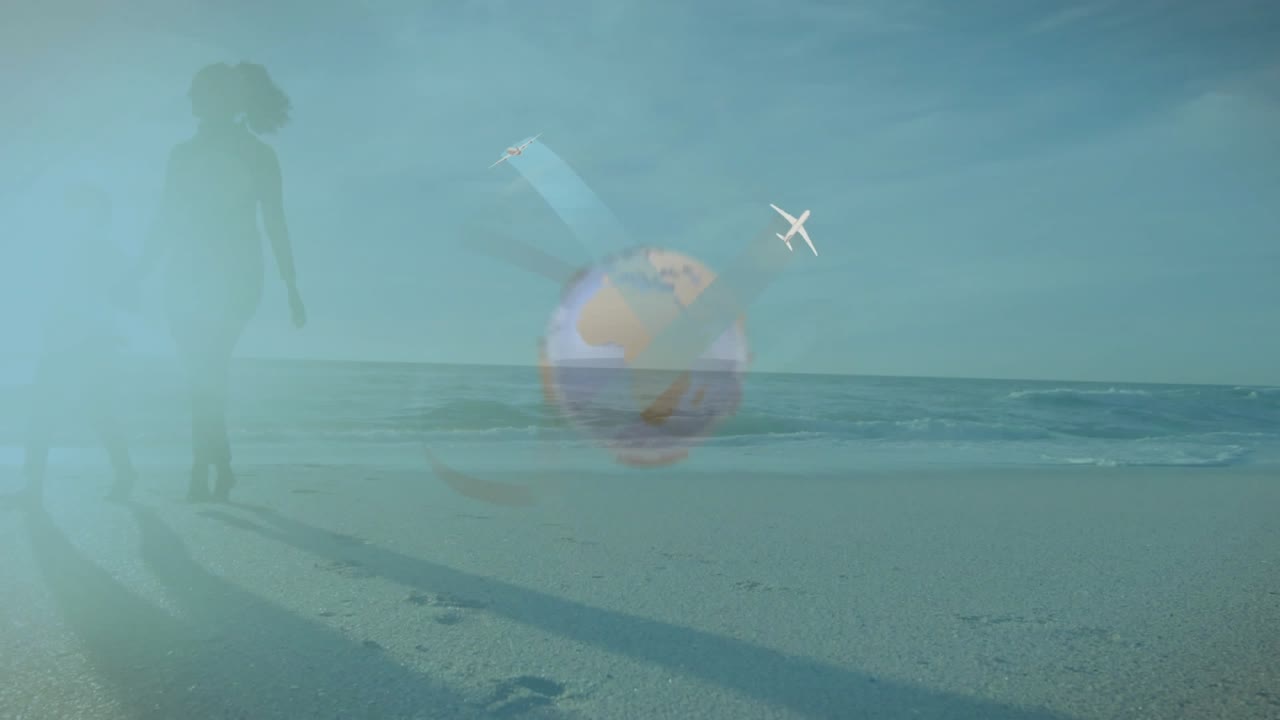 Adult female and girl walking beach, globe fading in and spawning orbiting planes, evoking travel