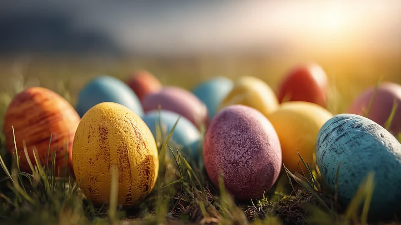 Uma Exibição Vibrante de Ovos de Páscoa Coloridos Aninhados na Grama Verde Exuberante, Capturando a Essência das Celebrações da Primavera e Encontros Alegres na Natureza.