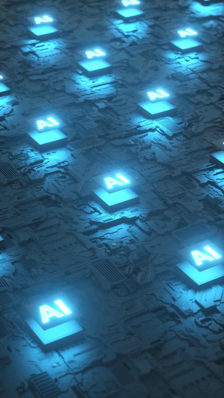 3D animation of AI microchip with glowing lights