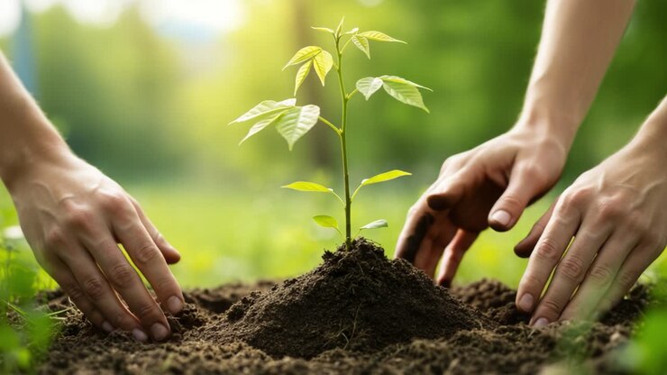Nurturing the Future: A Close-Up of Hands Planting a Young Sapling in Rich Soil, Signifying Hope and Environmental Stewardship in a Lush Green Setting