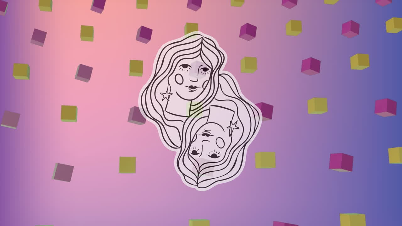 animación del símbolo de gemini sobre cubos que giran en el espacio violeta