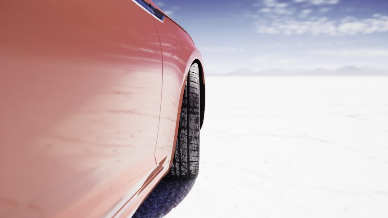 Auto elegante parcheggiata sulle bianche saline in una giornata luminosa con cielo azzurro