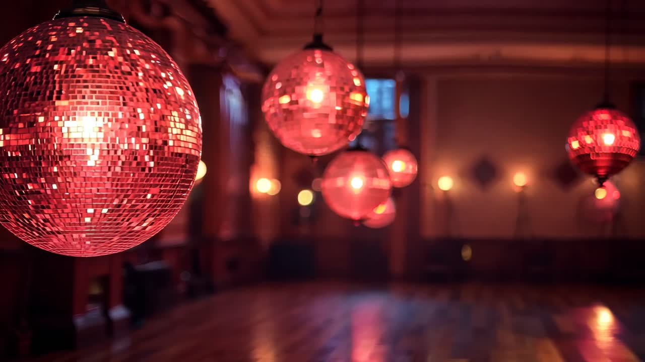 A red disco ball is lit up in a dimly lit room. Scene is festive and celebratory