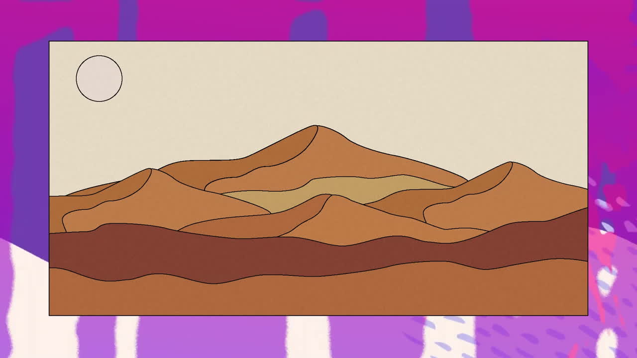 Animation of mountain landscape and shapes on pink background