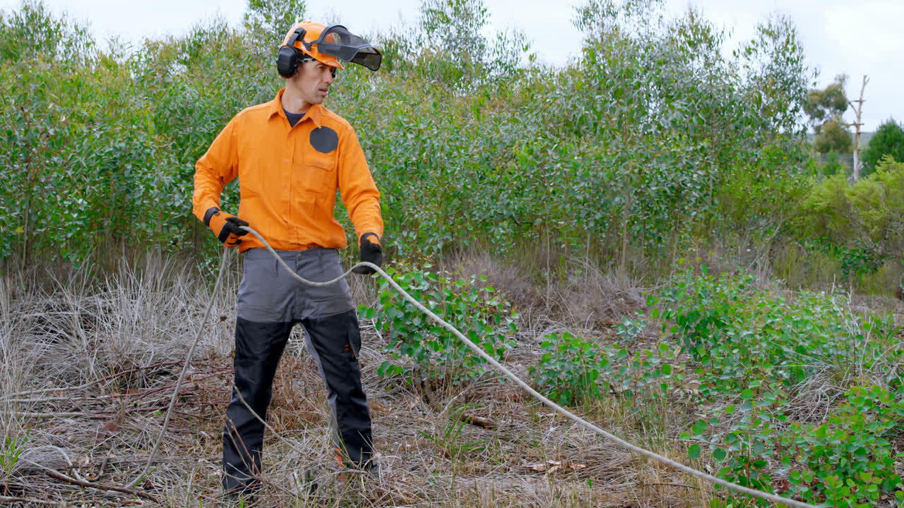 leñador tirando de la cuerda en el bosque 4k