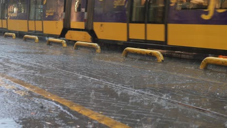 rainy day tram in the city