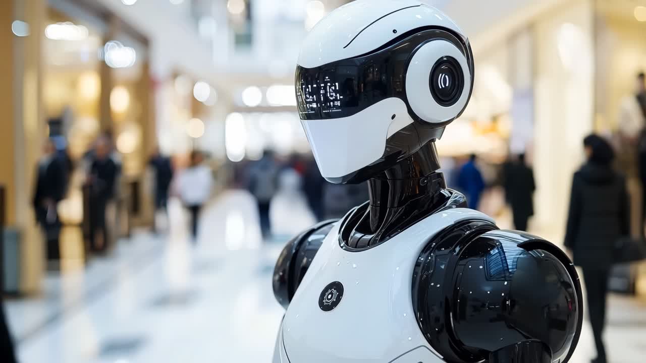 un robot de pie en un centro comercial con personas caminando por