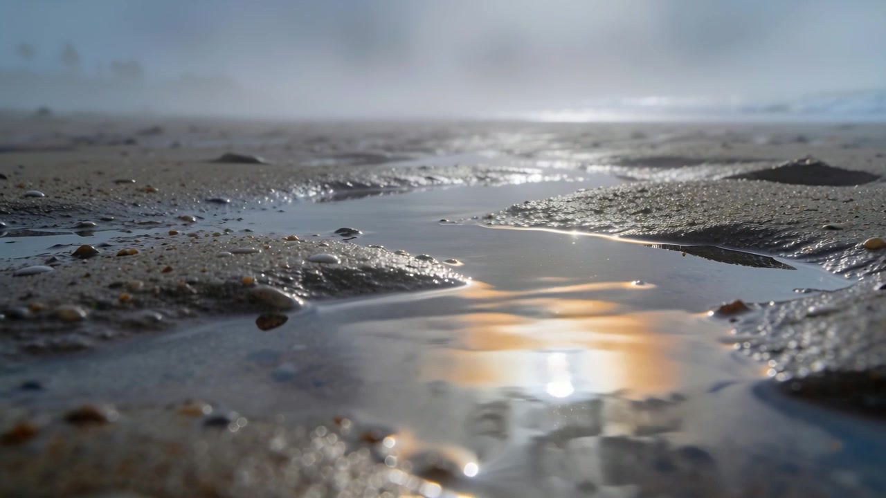 Shifting sunlight causing shallow tidal pool shimmering at shoreline, showing ripples and pebbles
