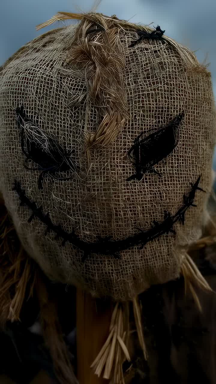 Vertical video: Turning burlap mask figure shifting head in meadow, breeze ruffling straw seam