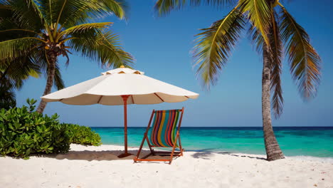 tropical beach paradise with palm trees, umbrella, and beach chair