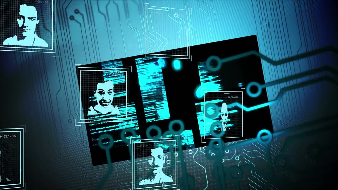 Animation of integrated circuit and user photos on blue digital screen
