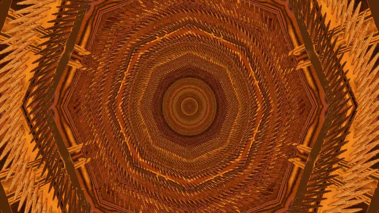 This digital artwork features a mesmerizing tunnel view with intricate geometric patterns. The seamless looping effect creates an immersive experience, highlighted by vivid orange tones