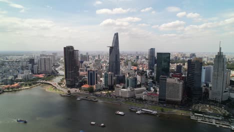 wide aerial panoramic of ho chi minh city modern skyline along the river saigon river on sunny day