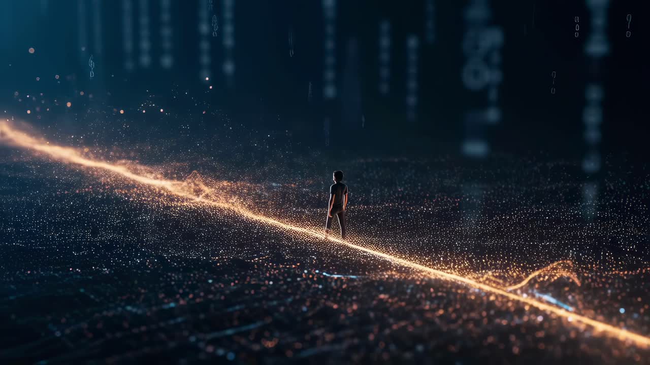 A figure journeys through an expansive digital landscape, meandering along a radiant path that lights the way ahead