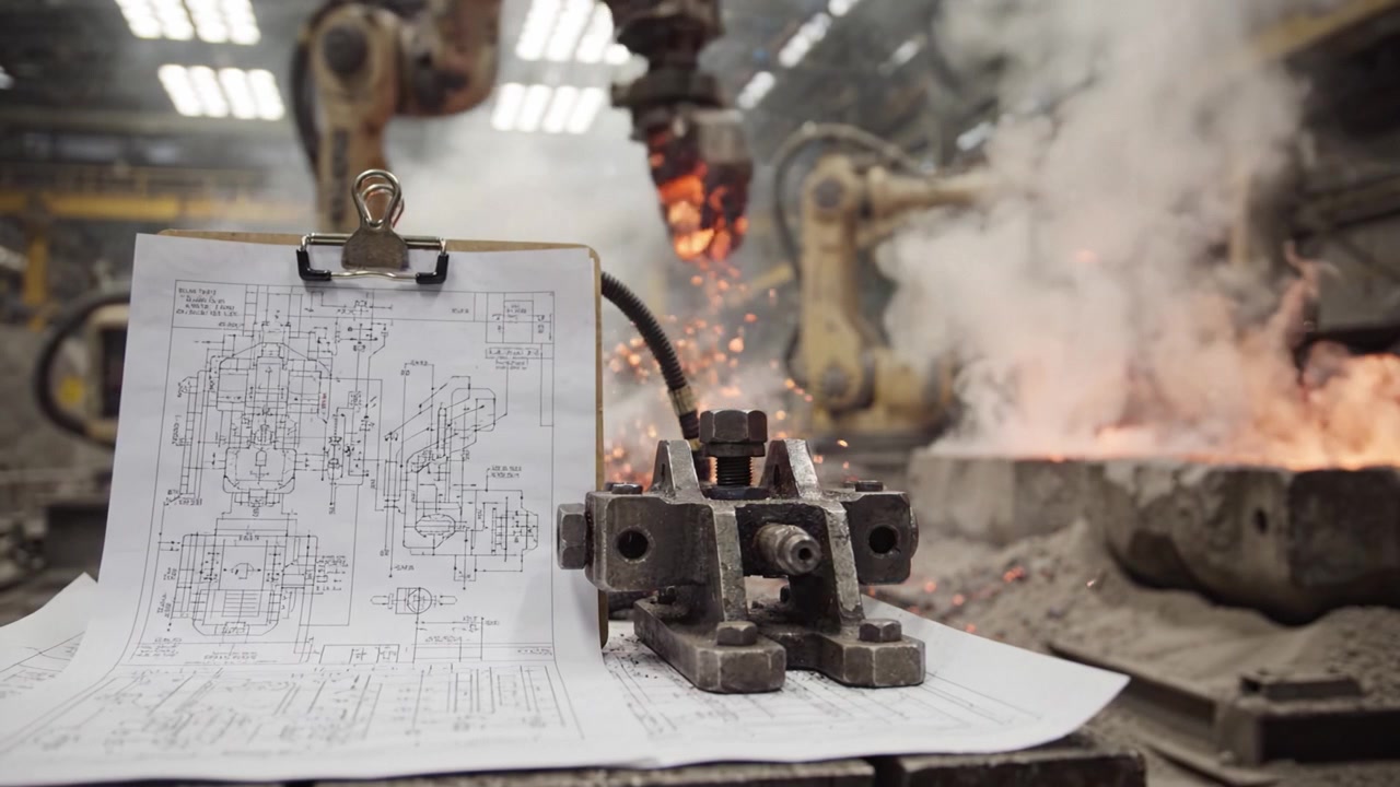 Industrial Foundry Process: An Overview of Robotic Mechanisms, Blueprints, and Molten Metal Operations in a Modern Manufacturing Environment