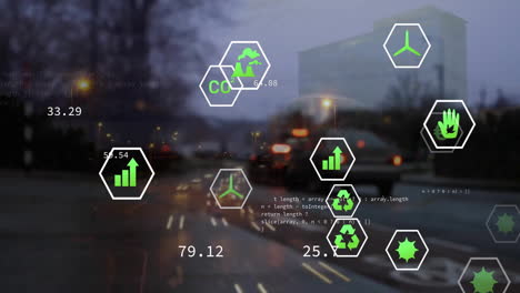 animation of network of eco icons over city street