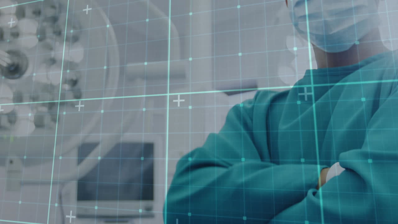 장갑을 입고 팔을 고 서 있는 남성 의사 위의 격자 패턴의 애니메이션