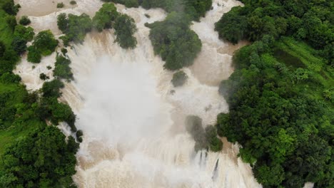 Aerial-Dolly-forwards-looking-down-at-Ban-Gioc-Waterfall---Thác-Bản-Giốc---Detian-Falls,-North-Vietnam-in-Cao-Bang-Province-next-to-border-with-China