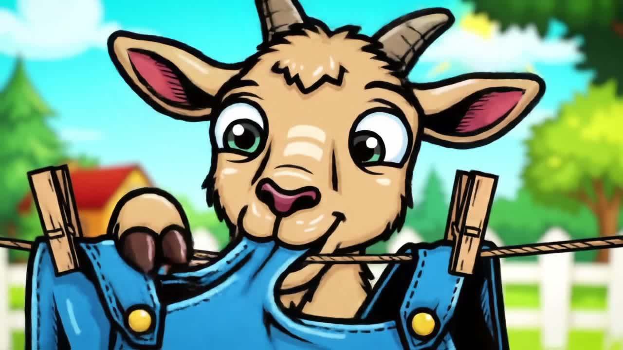 Playful Goat Chews Denim Clothesline in Colorful Cartoon Landscape with Greenery and Cozy Barn Background in Whimsical Animation Style